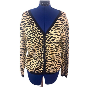 Dialogue XL tan black animal print v neck button up long sleeve cardigan sweater